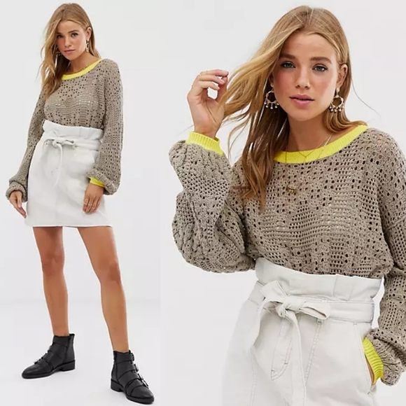 Free People Home Run Open Knit Cropped Balloon Sweater - Picture 2 of 8